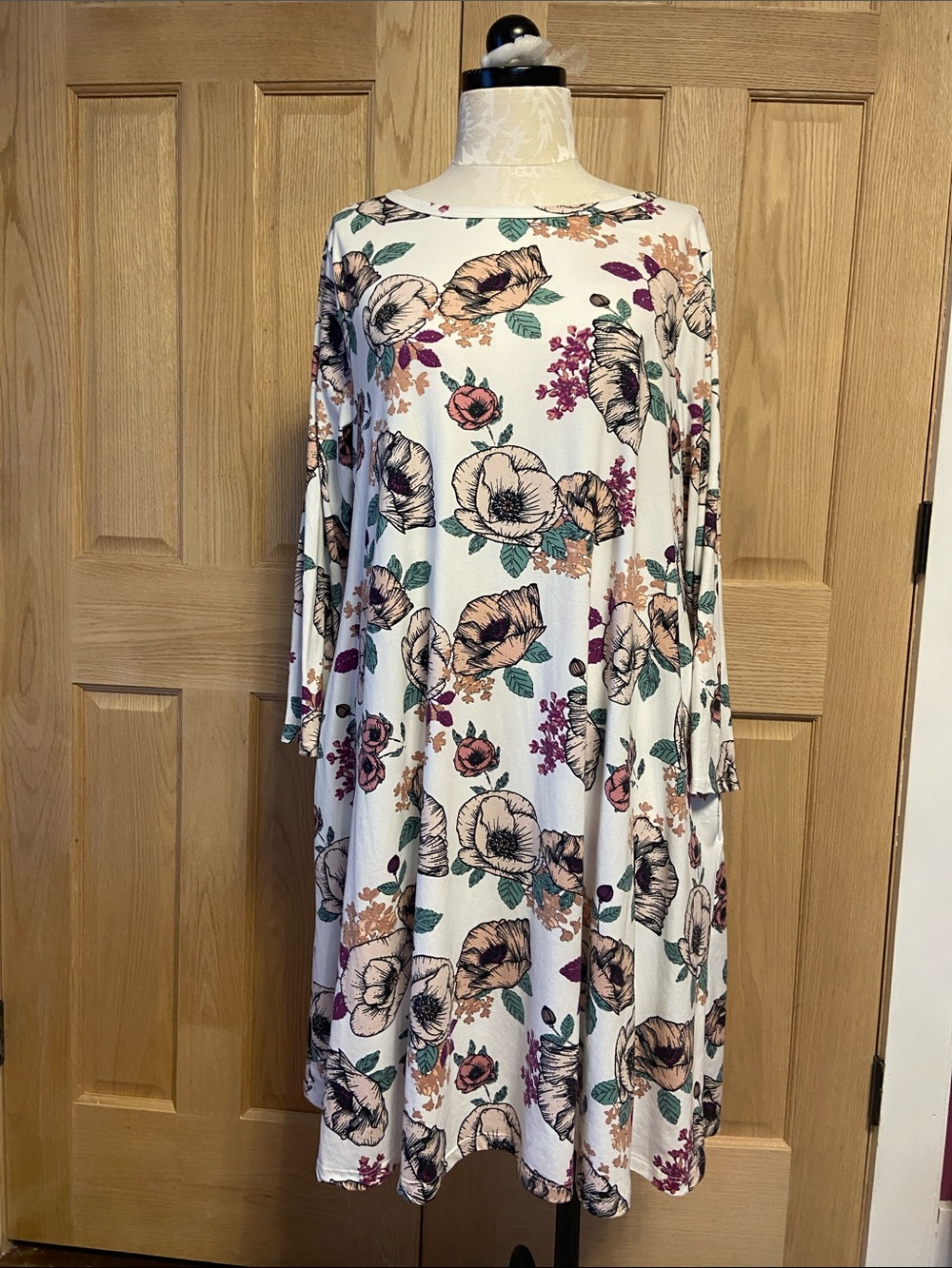 Cream Floral Long-Sleeve Swing Dress with Pink & Green Blooms and Pockets